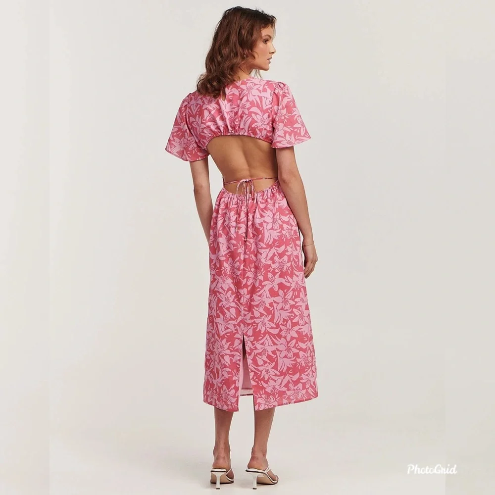 NEW Charlie Holiday "Harlow" Linen Floral Dress w/ Flutter Sleeves & Open Back - Picture 5 of 11